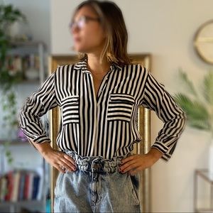Zara Basic Black White Striped Blouse Small